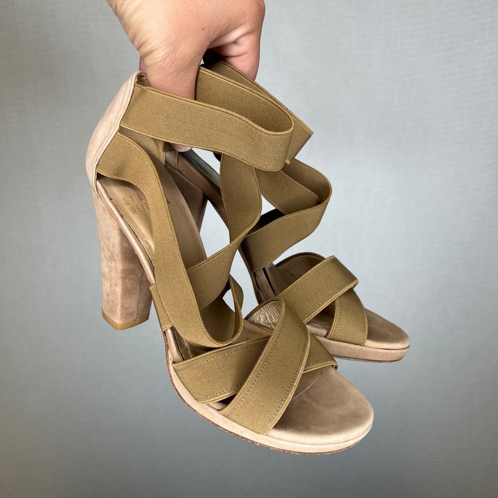 Stuart Weitzman Womens Beige Suede Elastic Strappy Block Heel Sandals Size 6 M